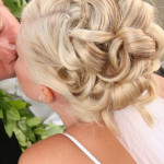 Bride and Groom. Wedding hair up do with updo curls and veil by Les Ciseaux St. Armands