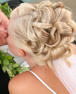 Bride and Groom. Wedding hair up do with updo curls and veil by Les Ciseaux St. Armands