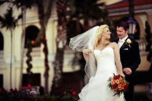 Bride and Groom at Ringling Museum. Hair and make up by Les Ciseaux St. Armands